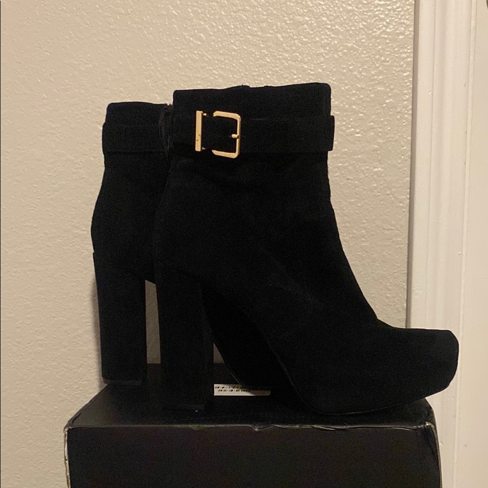 Express Black Ankle Booties with Gold Buckle Detail